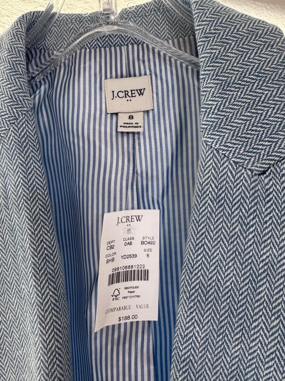 J. Crew Pale Blue Herringbone Single-Button Tailored Blazer - Picture 4 of 8